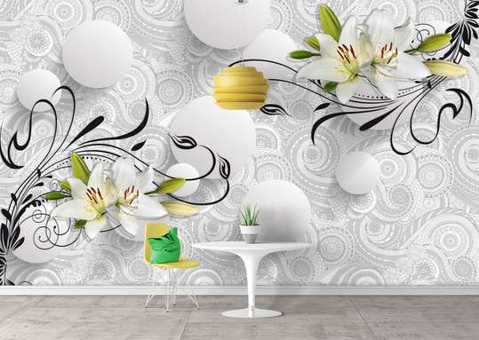 3D Wallpaper - Balls with flowers on a white background.