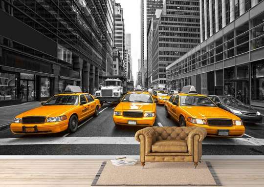 Fototapet - Mașini galbene într-un oraș gri