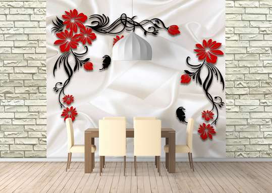 3D Wallpaper - Flowers with black ornaments on a white silk background