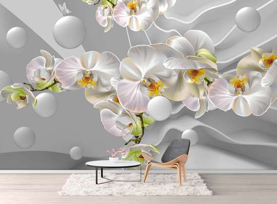 Fototapet - Orhidee albă pe un fond tridimensional