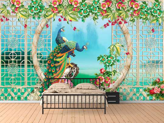 Wall Mural - Fence with flowers and peacocks