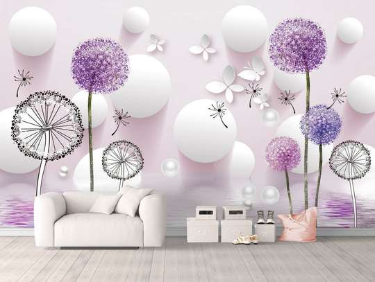 3D Wallpaper - Purple flowers on an abstract background