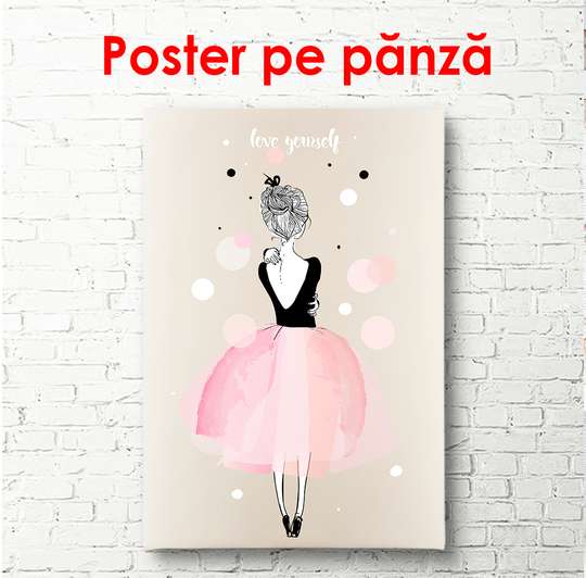 Poster - Beautiful girl in a pink skirt stands with her back, 60 x 90 см, Framed poster