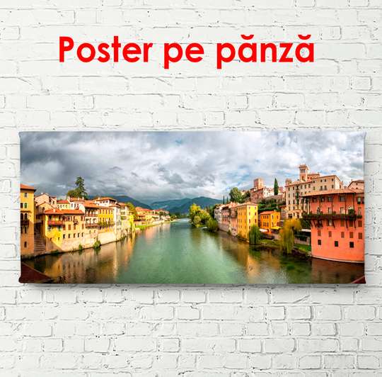 Постер - Красивый город фоне красного неба, 150 x 50 см, Постер в раме