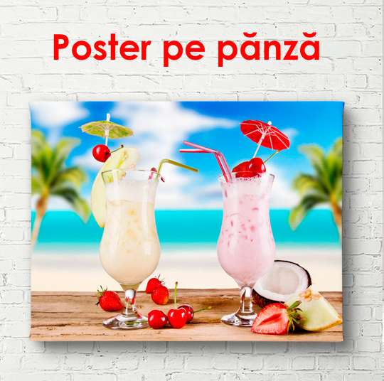 Постер - Молочный и клубничный коктейль с тропическими фруктами, 90 x 60 см, Постер в раме, Еда и Напитки
