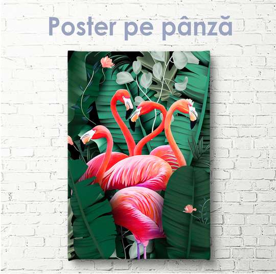 Постер, Яркие фламинго в тропиках, 30 x 60 см, Холст на подрамнике, Животные