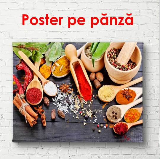 Poster - Condimente luminoase pe o masă cu linguri de lemn, 90 x 60 см, Poster înrămat, Alimente și Băuturi