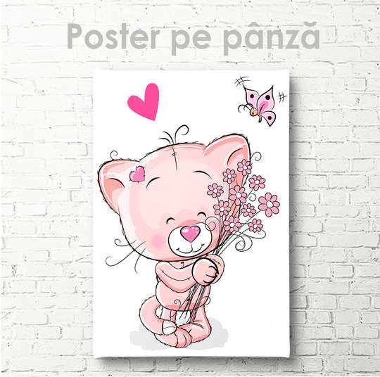 Постер - Кошечка с букетом цветов, 30 x 45 см, Холст на подрамнике