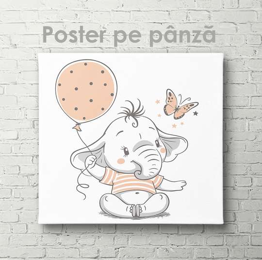 Poster - Baby elephant with a butterfly and a balloon, 40 x 40 см, Canvas on frame