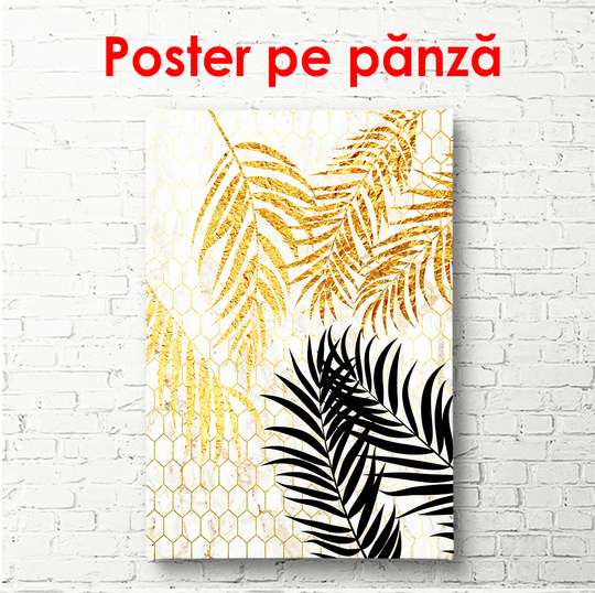 Постер - Золотые листья на мраморном фоне 2, 60 x 90 см, Постер в раме