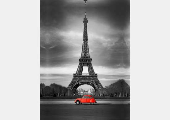 Фотообои - Черно белый Париж с красной машиной.
