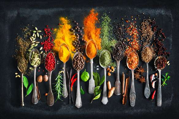 Poster - Colorful spices in spoons, 45 x 30 см, Canvas on frame