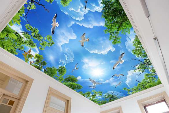 Wall mural overlooking the blue sky with clouds and birds.