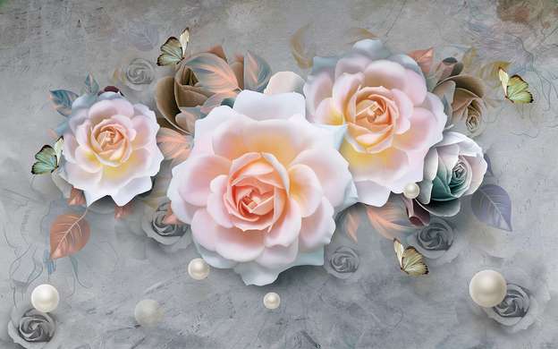 Фотообои - Белые розы с бабочками на сером фоне