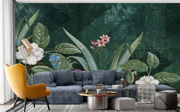 Wall mural - Multicolored flowers on a green background