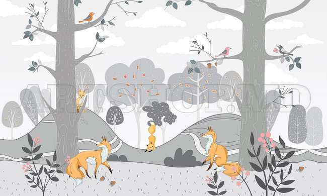 Wall mural for the nursery - Chanterelles in the gray forest