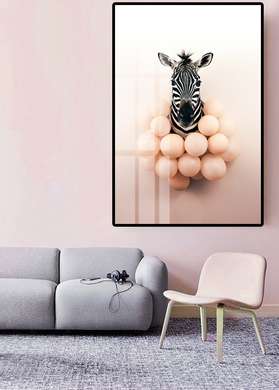 Poster, Zebra with balls, 60 x 90 см, Framed poster on glass, Animals