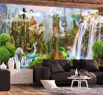 Wall Mural - Long wooden bridge along a landscape with waterfalls.