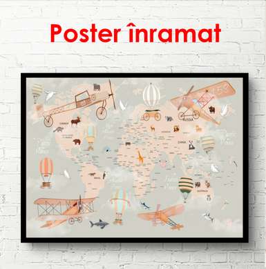 Постер - Детская карта мира с транспортом, 45 x 30 см, Холст на подрамнике, Города и Карты