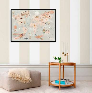Постер - Детская карта мира с транспортом, 45 x 30 см, Холст на подрамнике, Города и Карты
