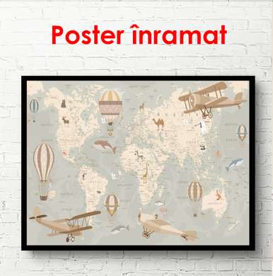 Poster - Harta lumii cu avioane, 90 x 60 см, Poster înrămat