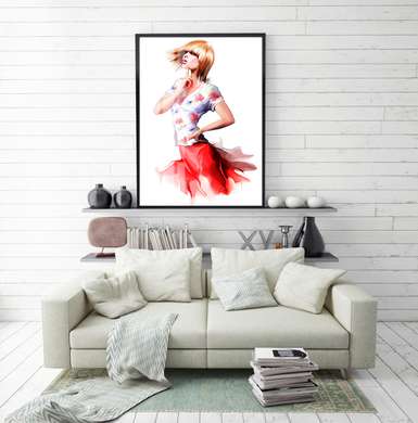 Постер - Задумчивая девушка, 45 x 90 см, Постер на Стекле в раме, Разные