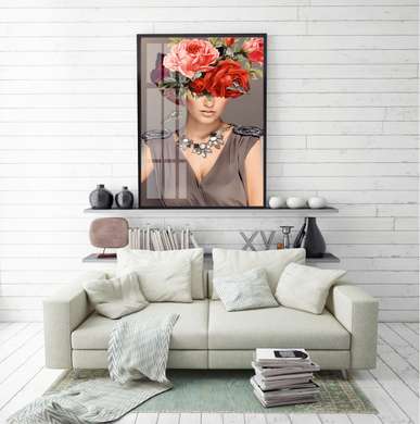 Poster - Girl with flowers, 60 x 90 см, Framed poster on glass