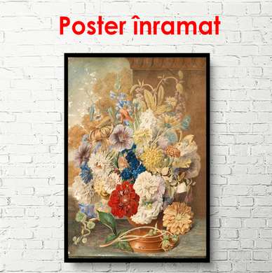 Постер - Натюрморт из вазы с цветами на столе, 60 x 90 см, Постер в раме, Натюрморт