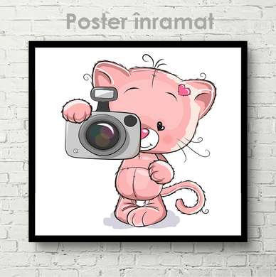 Постер - Кошка с фотоаппаратом, 40 x 40 см, Холст на подрамнике, Для Детей