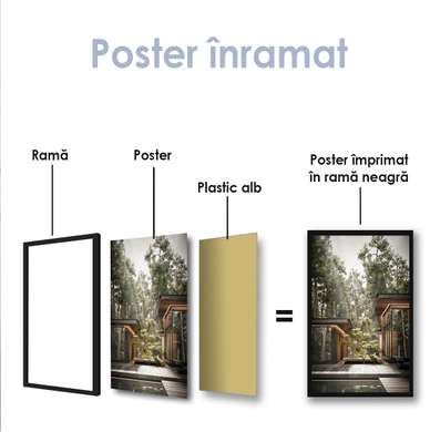 Poster - Modern house in the forest, 45 x 90 см, Framed poster on glass, Nature