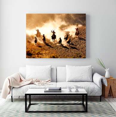 Poster - Cowboys în deșert, 45 x 30 см, Panza pe cadru, Natură