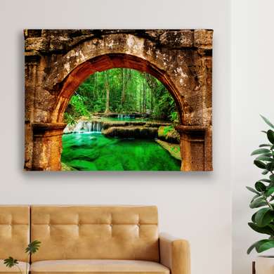 Poster - Podul spre pădurea verde, 90 x 60 см, Poster inramat pe sticla, Natură