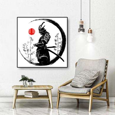 Poster - Samurai, 100 x 100 см, Framed poster on glass, Black & White