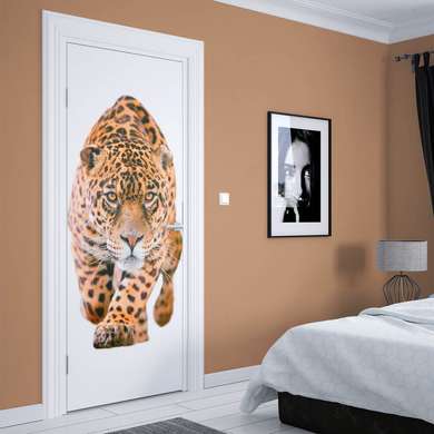 Stickere 3D pentru uși, Leopardul pe un fundal alb, 60 x 90cm, Autocolant pentru Usi