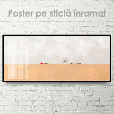 Poster - Houses in a deserted field, 90 x 45 см, Framed poster on glass, Nature