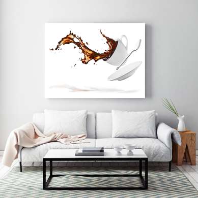 Poster - White cup of coffee on a white background, 90 x 60 см, Framed poster on glass, Food and Drinks