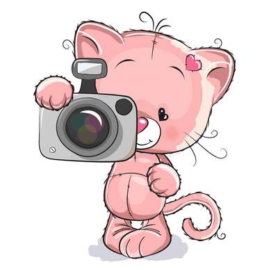 Постер - Кошка с фотоаппаратом, 40 x 40 см, Холст на подрамнике, Для Детей