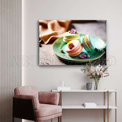 Poster - Macarons colorate, 45 x 30 см, Panza pe cadru, Alimente și Băuturi