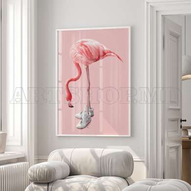 Poster - Flamingo in boots, 60 x 90 см, Framed poster on glass, Animals