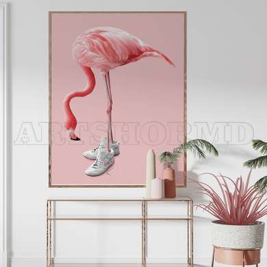 Poster - Flamingo in boots, 60 x 90 см, Framed poster on glass, Animals