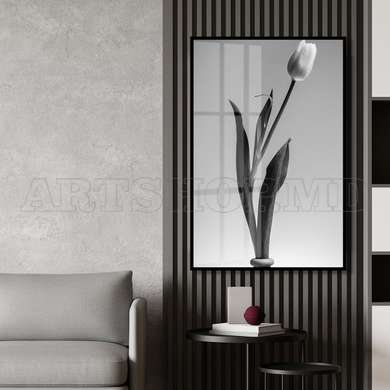 Poster - Black & White Tulip Flower, 60 x 90 см, Framed poster on glass, Botanical