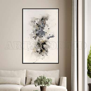 Poster - Abstract face in shades of gray, 60 x 90 см, Framed poster on glass, Abstract