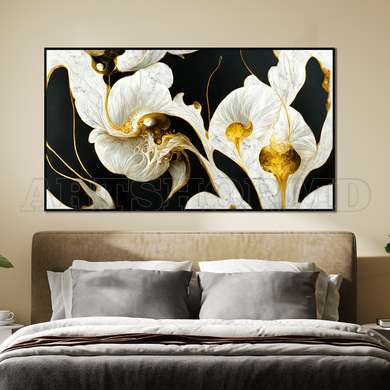 Poster - Black and white lines with gold, 90 x 45 см, Framed poster on glass, Abstract