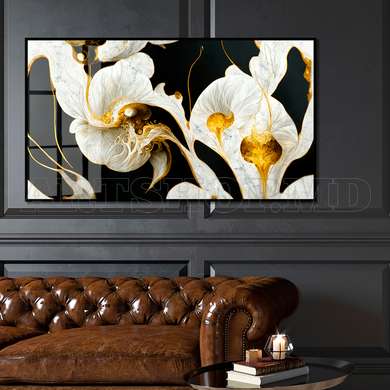 Poster - Black and white lines with gold, 90 x 45 см, Framed poster on glass, Abstract