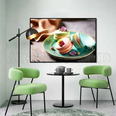 Poster - Colorful Macarons, 90 x 60 см, Framed poster on glass, Food and Drinks