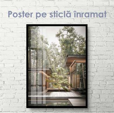 Poster - Casă modernă în pădure, 45 x 90 см, Poster inramat pe sticla