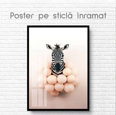 Постер, Зебра с шариками, 60 x 90 см, Постер на Стекле в раме, Животные