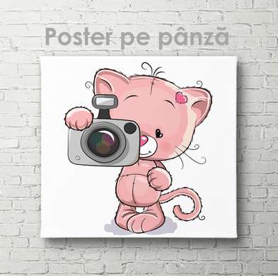 Poster - Pisică cu aparat foto, 40 x 40 см, Panza pe cadru, Pentru Copii