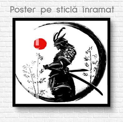 Постер - Самурай, 100 x 100 см, Постер на Стекле в раме, Черно Белые