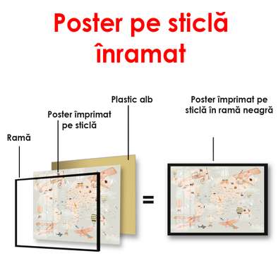 Poster - Harta lumii pentru copii cu transport, 90 x 60 см, Poster inramat pe sticla, Orașe și Hărți